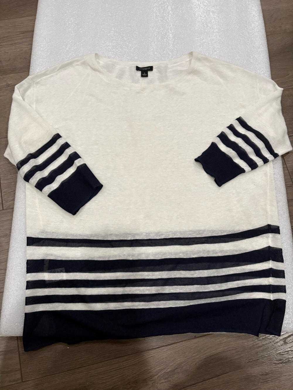 Ann Taylor White Crewneck Linen Blend Sweater with Navy Stripes